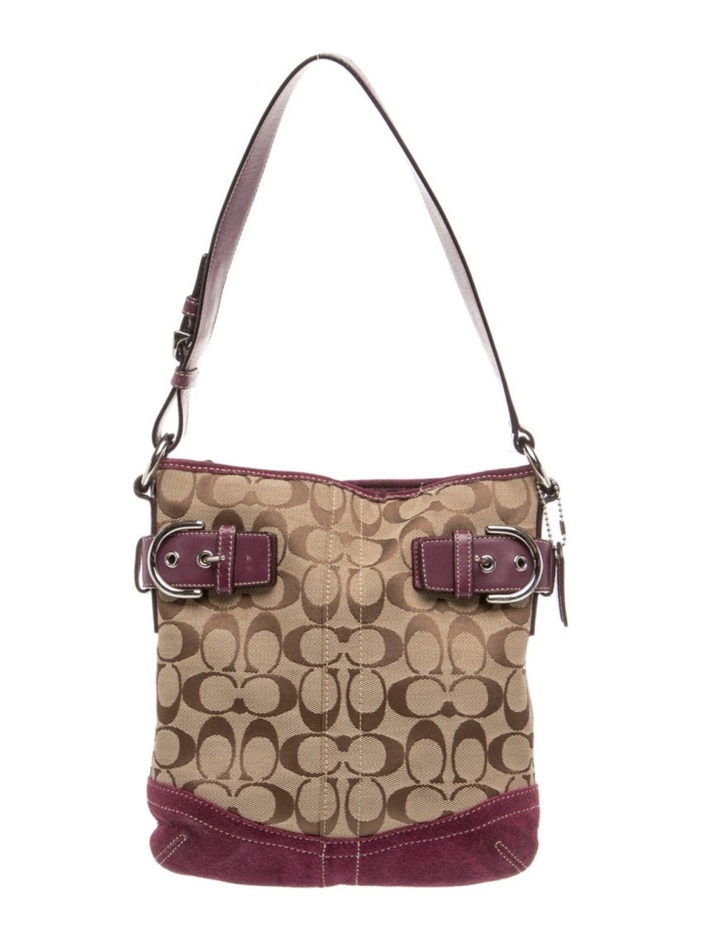 Coach Khaki Signature Shoulder Bag with Plum Leather / Suede Trim Vintage Y2K
